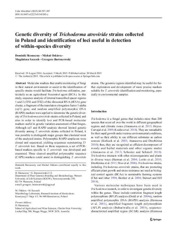 (PDF) Genetic diversity of Trichoderma atroviride strains collected in ...