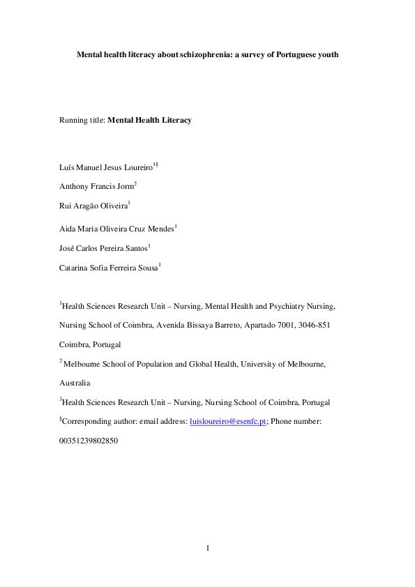 (PDF) Mental health literacy about schizophrenia: a survey of ...