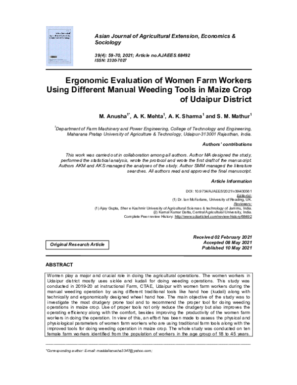 (PDF) Ergonomic Evaluation of Women Farm Workers Using Different Manual ...