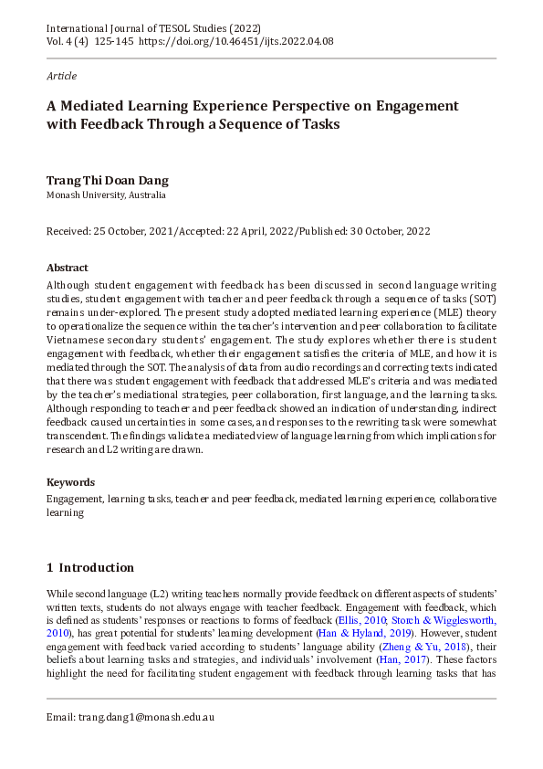 (PDF) A Mediated Learning Experience Perspective on Engagement with ...
