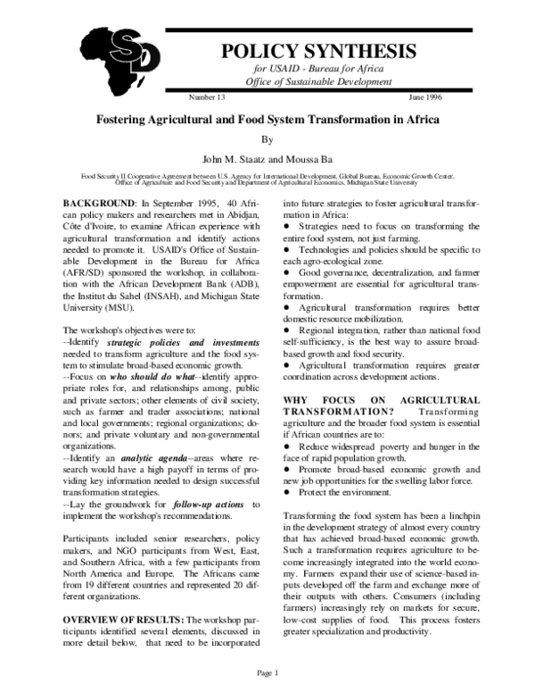 (PDF) Fostering Agricultural and Food System Transformation in Africa
