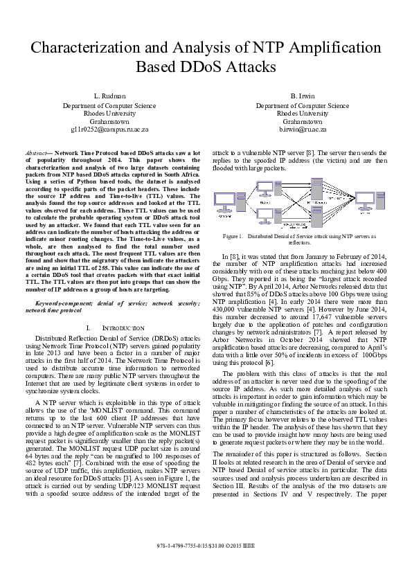 (PDF) Characterization and analysis of NTP amplification based DDoS attacks