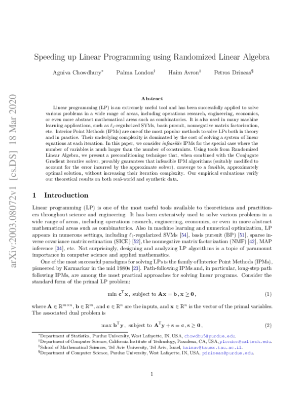 (PDF) Speeding up Linear Programming using Randomized Linear Algebra