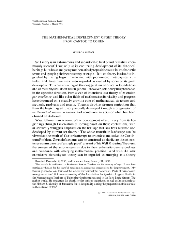 (PDF) The Mathematical Development of Set Theory from Cantor to Cohen