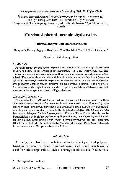 (PDF) Cardanol-phenol-formaldehyde resins - Thermal analysis and ...