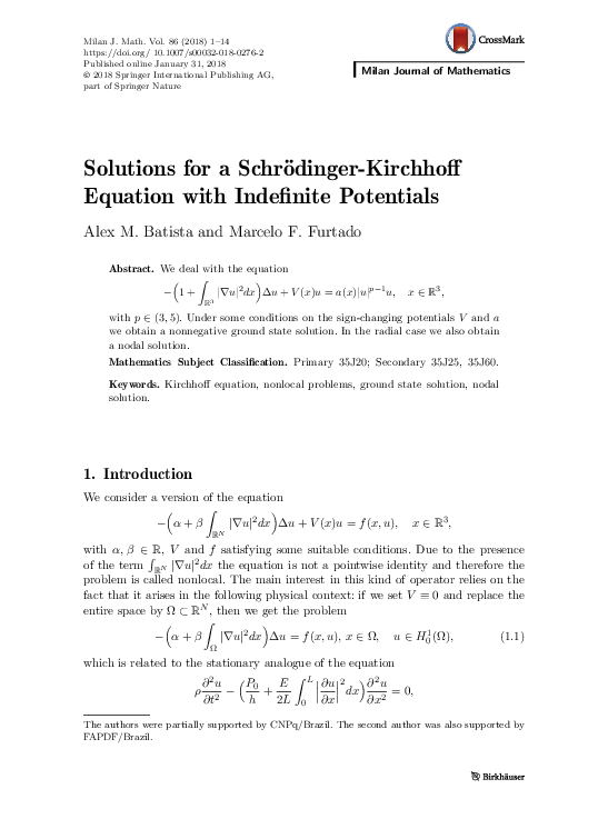(PDF) Solutions for a Schrödinger-Kirchhoff Equation with Indefinite ...
