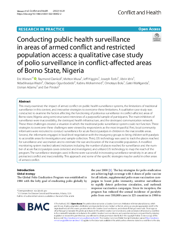 (PDF) Conducting Public Health Surveillance in Areas of Armed Conflict ...