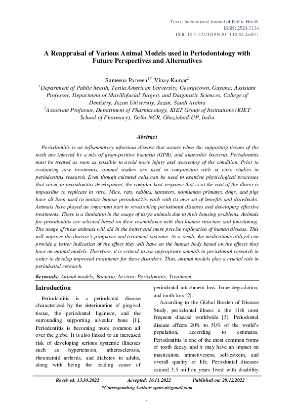 (PDF) A Reappraisal of Various Animal Models used in Periodontology ...