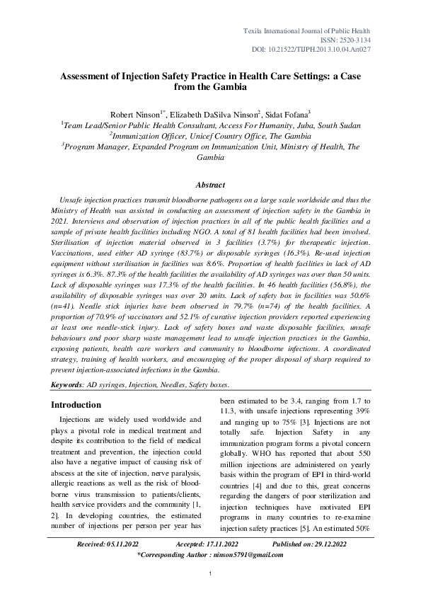 (PDF) Assessment of Injection Safety Practice in Health Care Settings ...