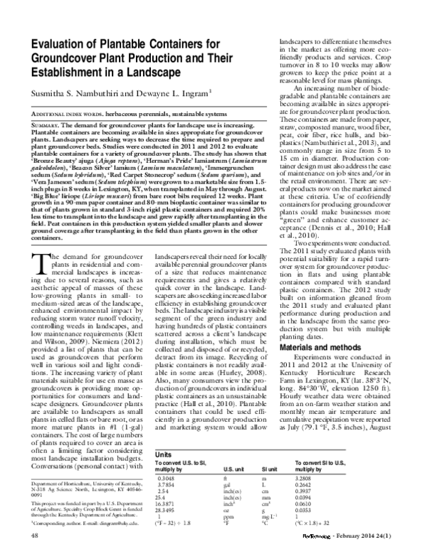 (PDF) Evaluation of Plantable Containers for Groundcover Plant ...