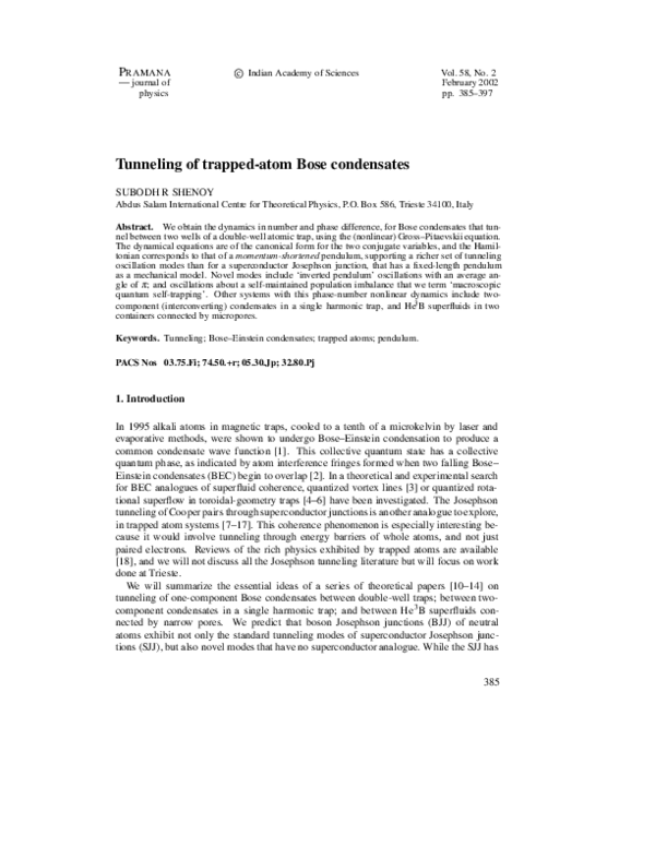 (PDF) Tunneling of trapped-atom Bose condensates