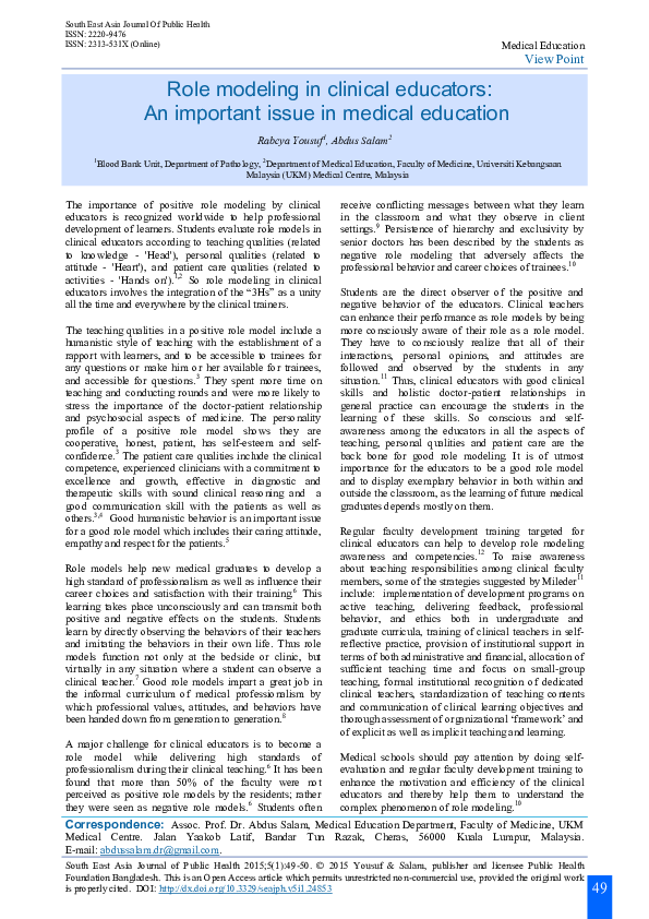 (PDF) Role modeling in clinical educators: An important issue in ...
