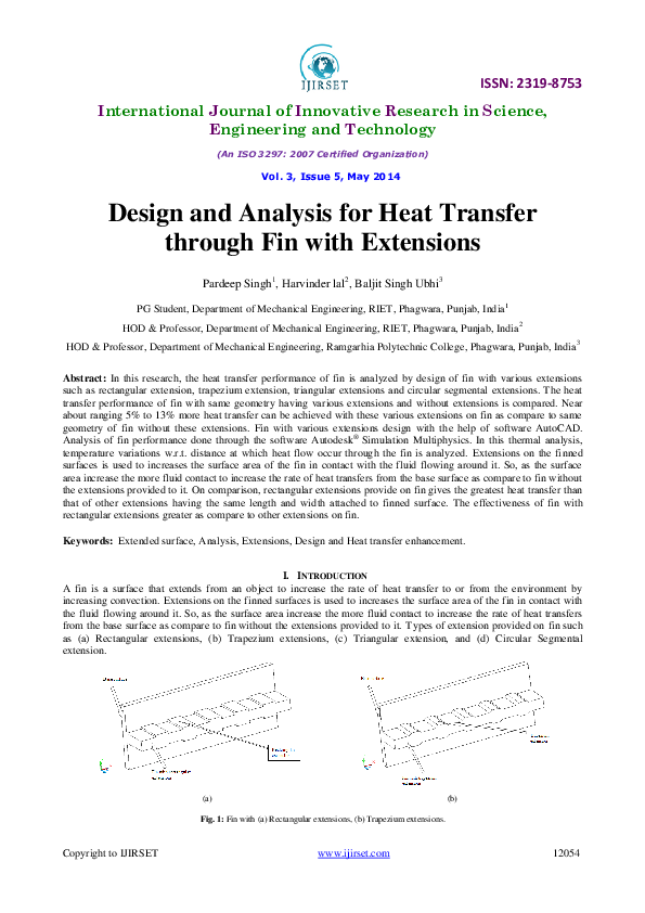(PDF) Design and Analysis for Heat Transfer through Fin with Extensions
