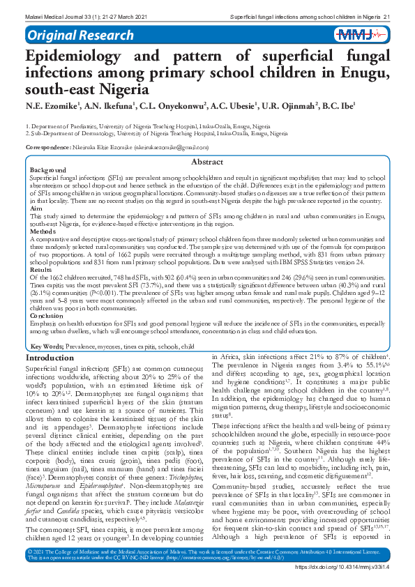 (PDF) Epidemiology and pattern of superficial fungal infections among ...