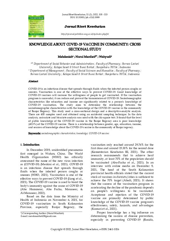 (PDF) Knowledge About COVID-19 Vaccine in Community: Cross Sectional Study