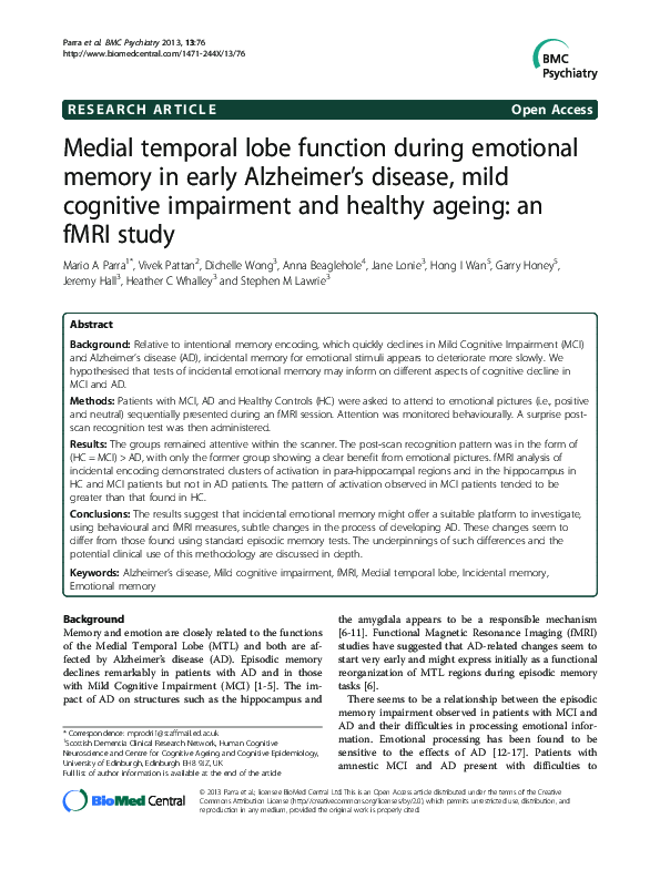 (PDF) Medial temporal lobe function during emotional memory in early ...