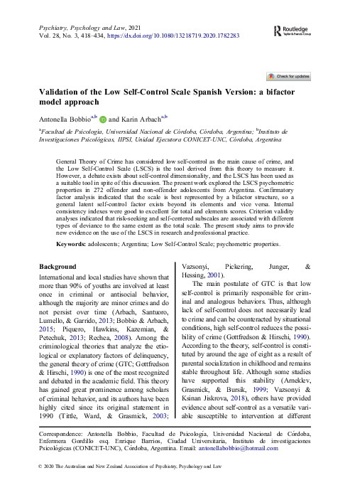 (PDF) Validation of the Low Self-Control Scale Spanish Version: a ...