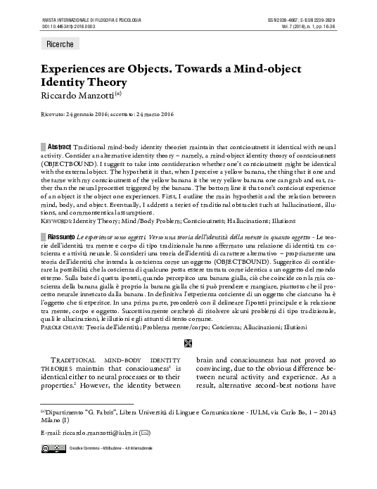 (PDF) Experiences are Objects. Towards a Mind-object Identity Theory