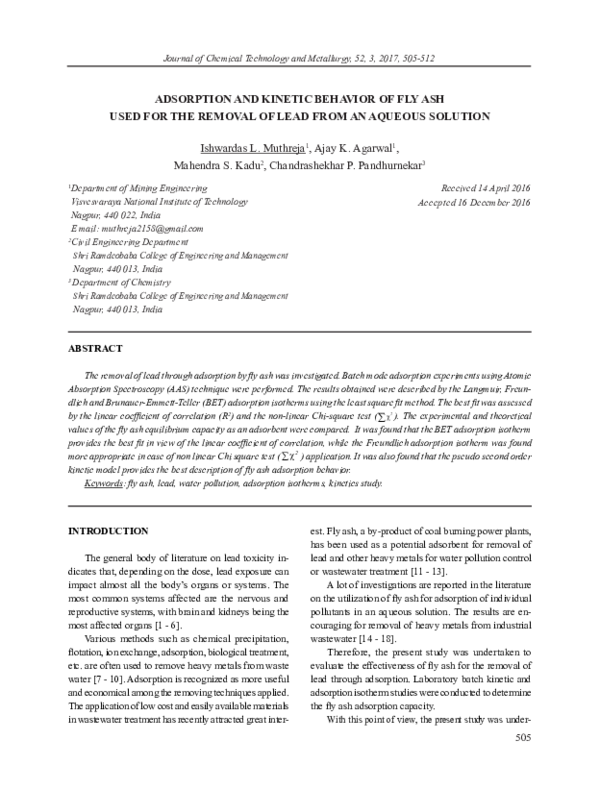 (PDF) Adsorption and Kinetic Behavior of Fly Ash Used for the Removal ...