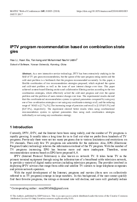(PDF) IPTV program recommendation based on combination strategies