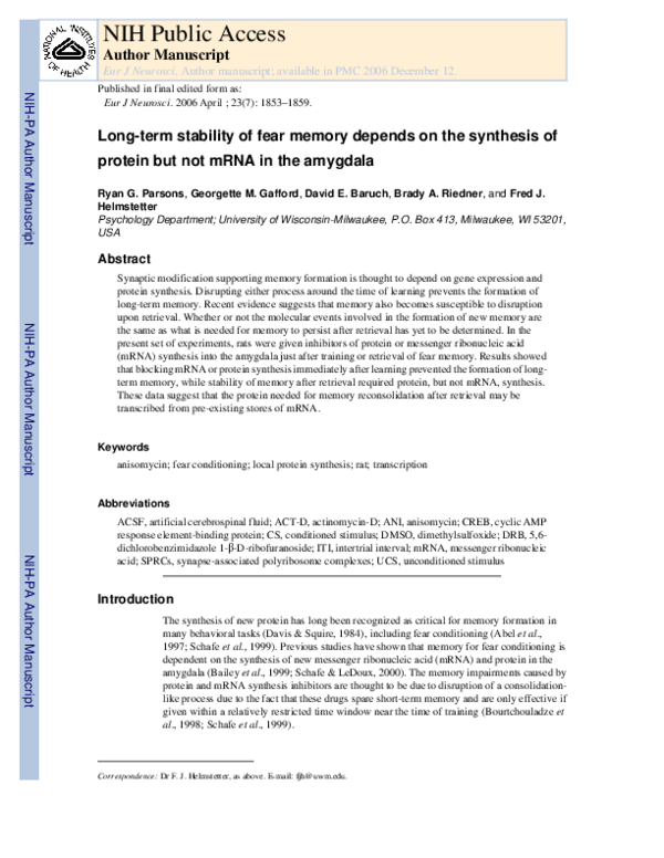 (PDF) Long-term stability of fear memory depends on the synthesis of ...