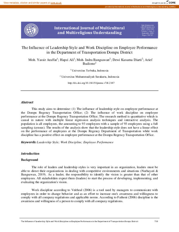 (PDF) The Influence of Leadership Style and Work Discipline on Employee ...