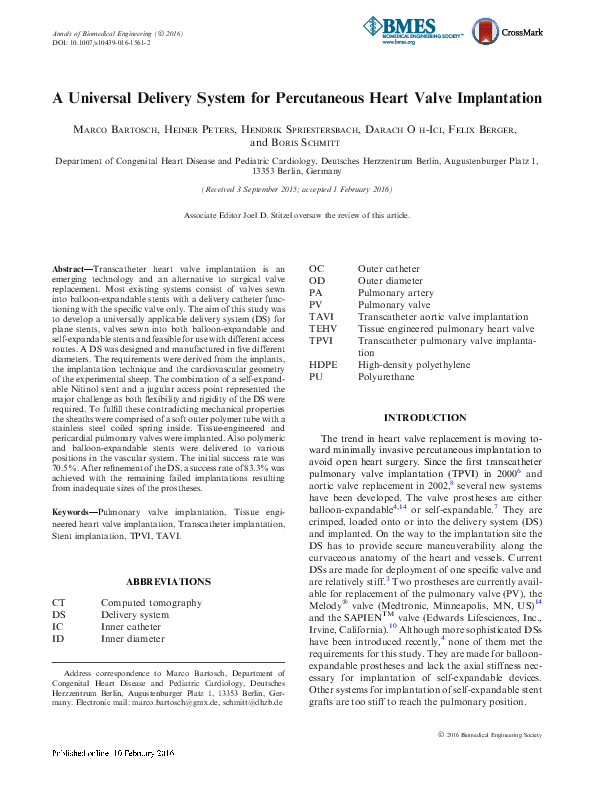 (PDF) A Universal Delivery System for Percutaneous Heart Valve Implantation