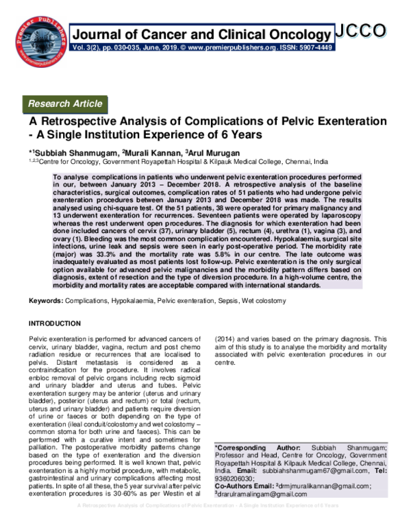 (PDF) A Retrospective Analysis of Complications of Pelvic Exenteration ...