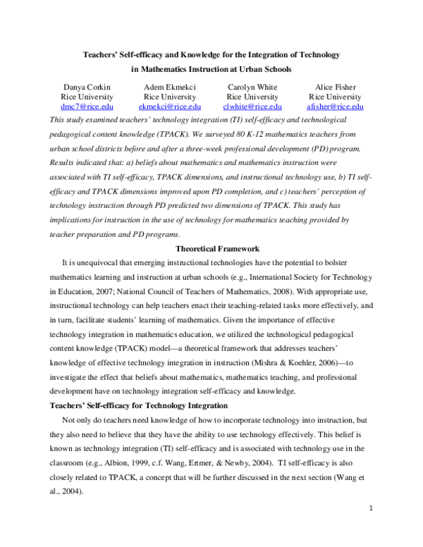 (PDF) Teachers’ Self-efficacy and Knowledge for the Integration of ...