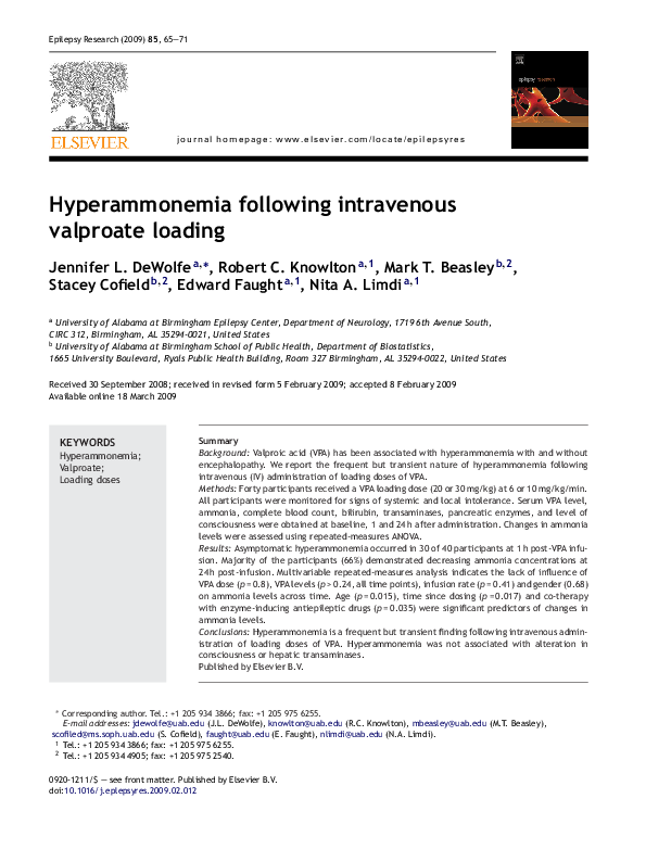 (PDF) Hyperammonemia following intravenous valproate loading