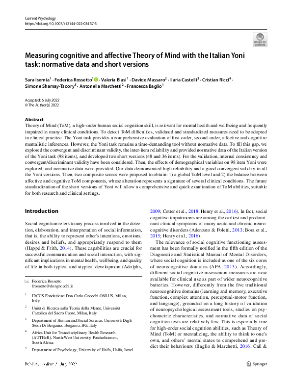 (PDF) Measuring cognitive and affective Theory of Mind with the Italian ...