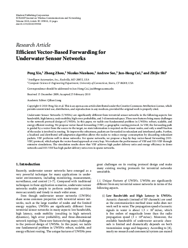 (PDF) Efficient Vector-Based Forwarding for Underwater Sensor Networks