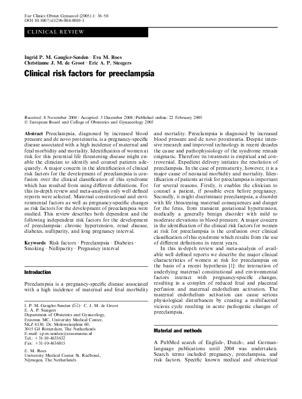 (PDF) Clinical risk factors for preeclampsia