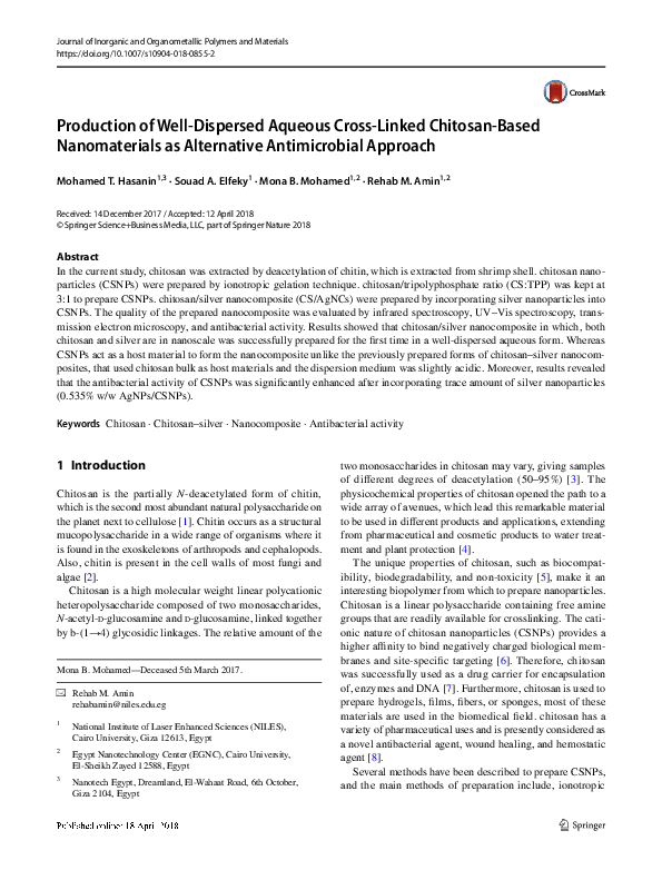 (PDF) Production of Well-Dispersed Aqueous Cross-Linked Chitosan-Based ...