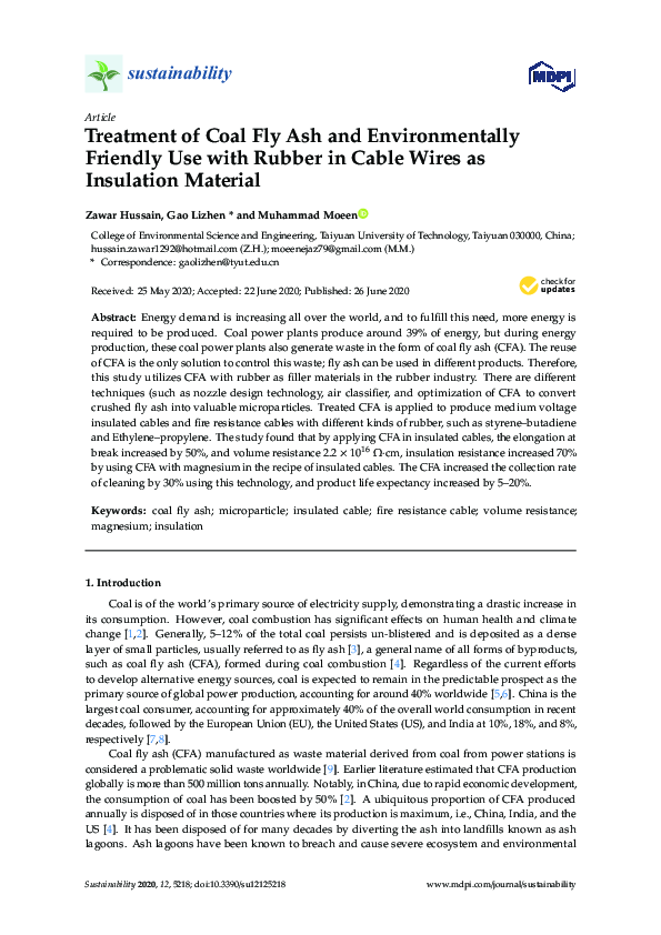 (PDF) Treatment of Coal Fly Ash and Environmentally Friendly Use with ...