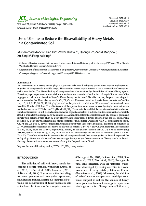 (PDF) Use of Zeolite to Reduce the Bioavailability of Heavy Metals in a ...