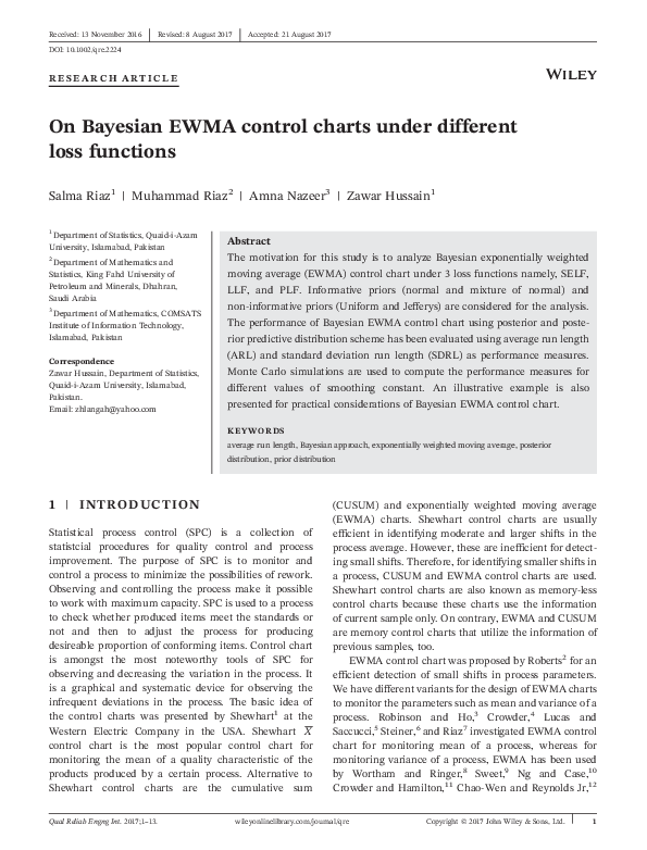 (PDF) On Bayesian EWMA control charts under different loss functions