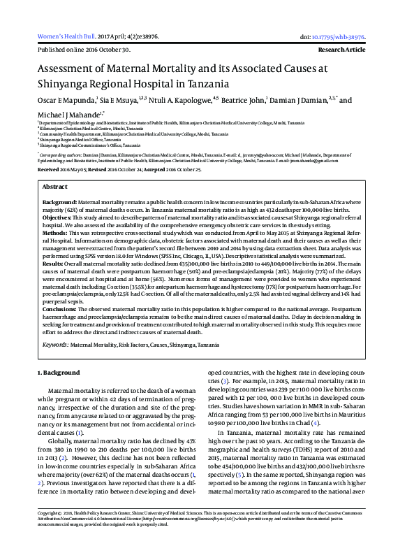 (PDF) Assessment of Maternal Mortality and its Associated Causes at ...