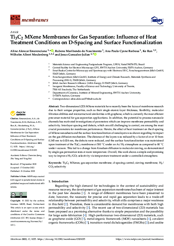 (PDF) Ti3C2 MXene Membranes for Gas Separation: Influence of Heat ...