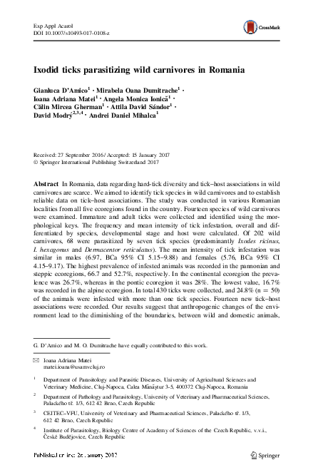 (PDF) Ixodid ticks parasitizing wild carnivores in Romania