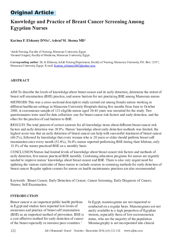 (PDF) Knowledge and Practice of Breast Cancer Screening Among Egyptian ...
