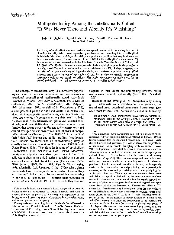 (PDF) Multipotentiality among the intellectually gifted "It was never