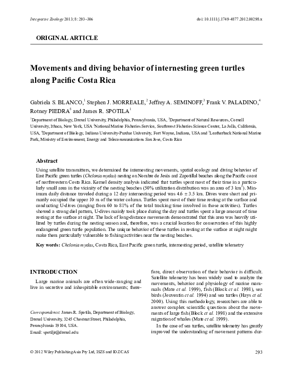 (PDF) Movements and diving behavior of internesting green turtles along ...