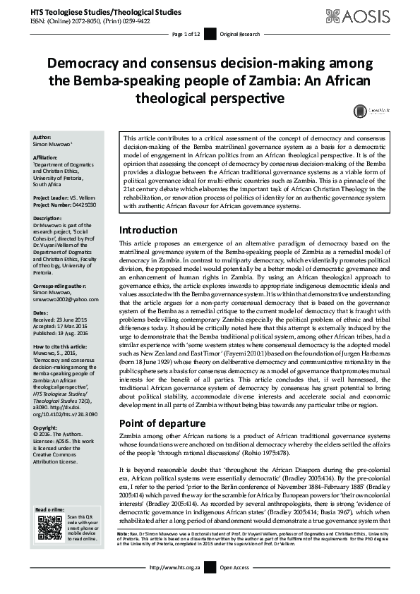 (PDF) Democracy and consensus decision-making among the Bemba-speaking ...