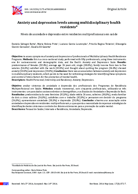 (PDF) Anxiety and depression levels among multidisciplinary health ...