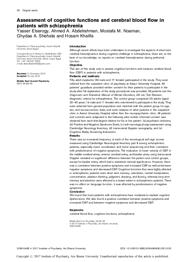 (PDF) Assessment of cognitive functions and cerebral blood flow in ...