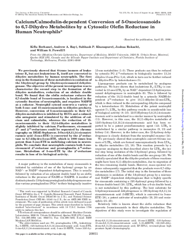(PDF) Calcium/Calmodulin-dependent Conversion of 5-Oxoeicosanoids to 6 ...