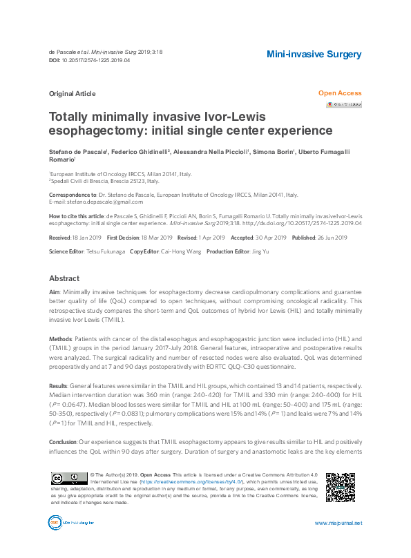 (PDF) Initial Experience With Minimally Invasive Ivor Lewis Esophagectomy Rodney Landreneau