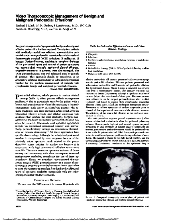 (PDF) Video Thoracoscopic Management of Benign and Malignant Pericardial Effusions Rodney