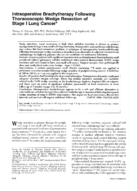 (PDF) Intraoperative Brachytherapy Following Thoracoscopic Wedge Resection of Stage I Lung